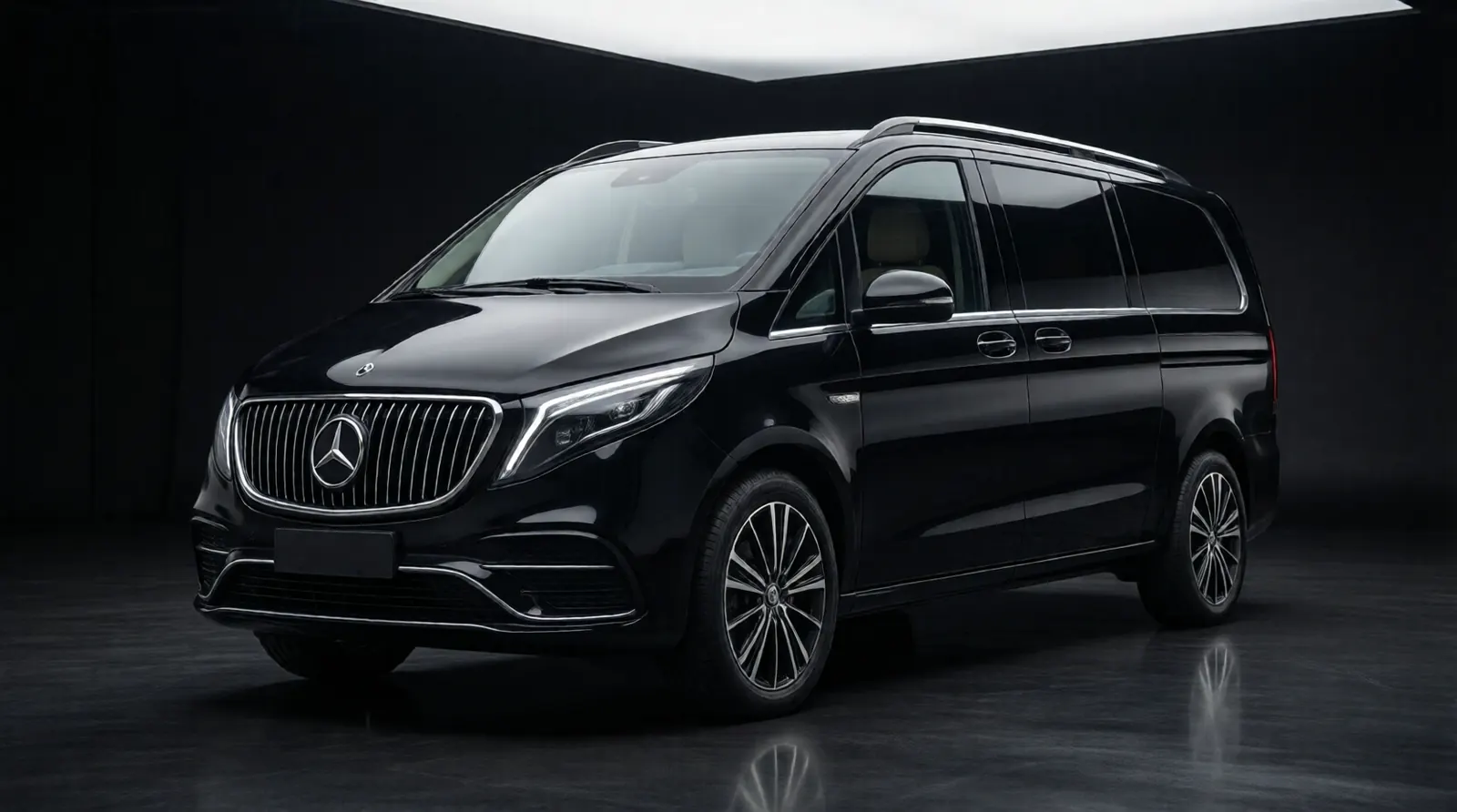 Black Mercedes-Benz EQV 300 in the studio, front three-quarter view